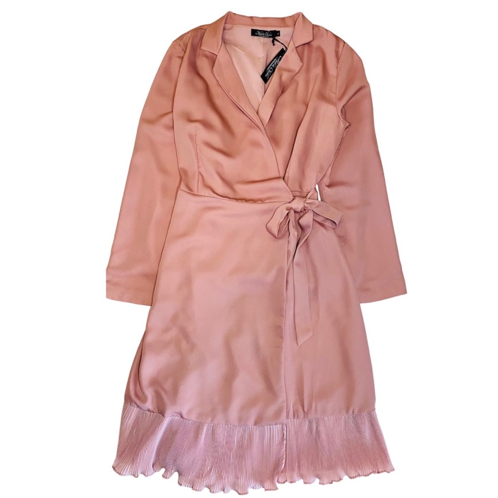 Mauve Pink Long Sleeve Ruffle Hem Belted Wrap MIDI Dress